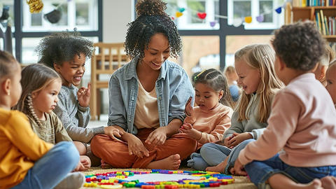Teacher sitting in a circle with kids in daycare